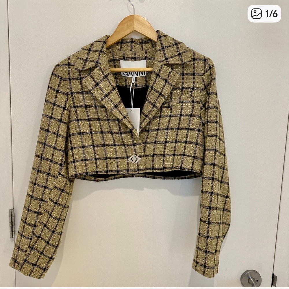 Ganni Check Pattern Cropped Blazer - Green Plaid‎ Size S NWT